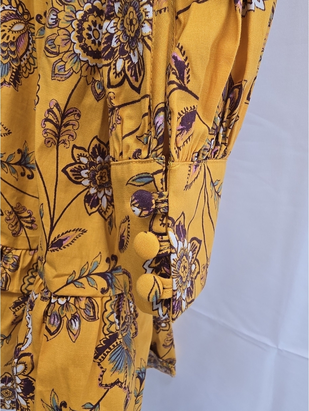 JustFab Floral Ruffle Mini Dress XL Mustard Yellow Smocked Waist NWT - Picture 6 of 7